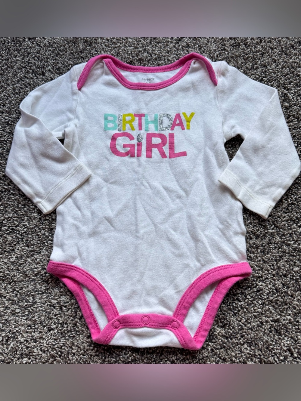 White Long-Sleeve "Birthday Girl" Bodysuit with Pink Trim